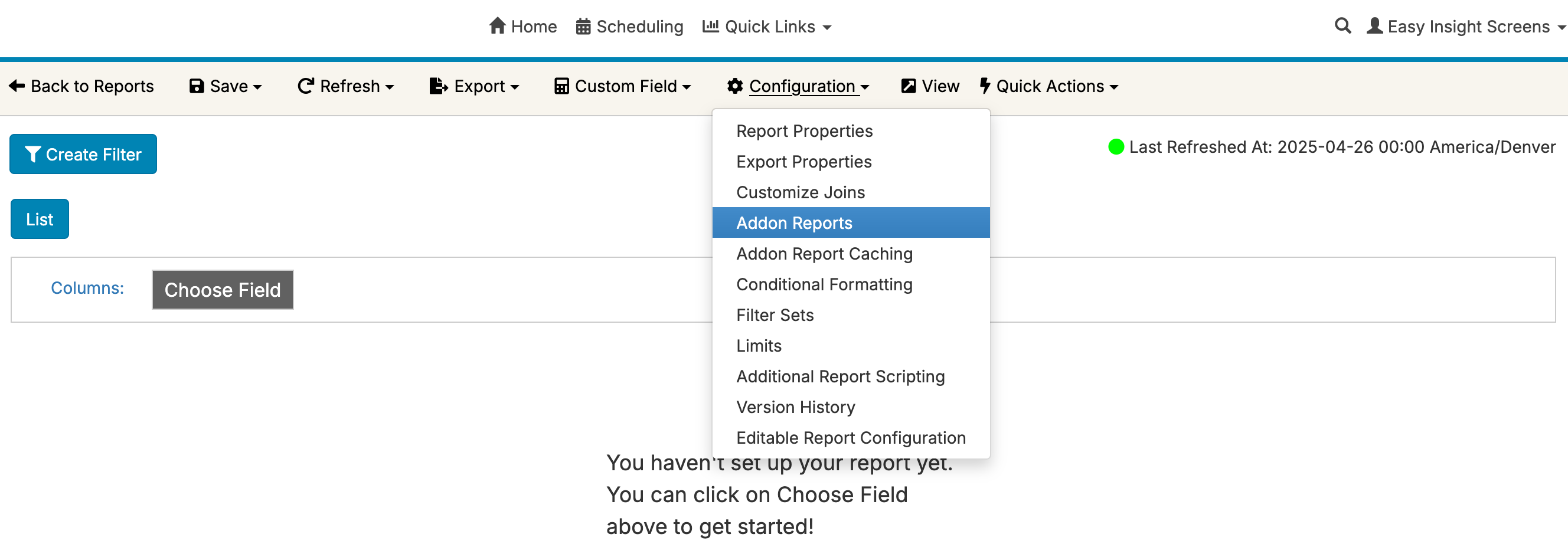 Configuring Addon Reports